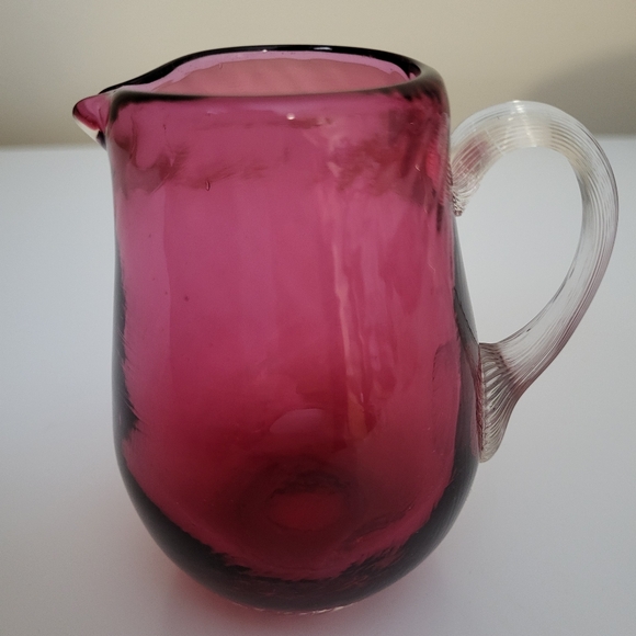 Vintage Small Cranberry Optic Blown Glass Pitcher with Applied Clear Handle - Picture 2 of 15